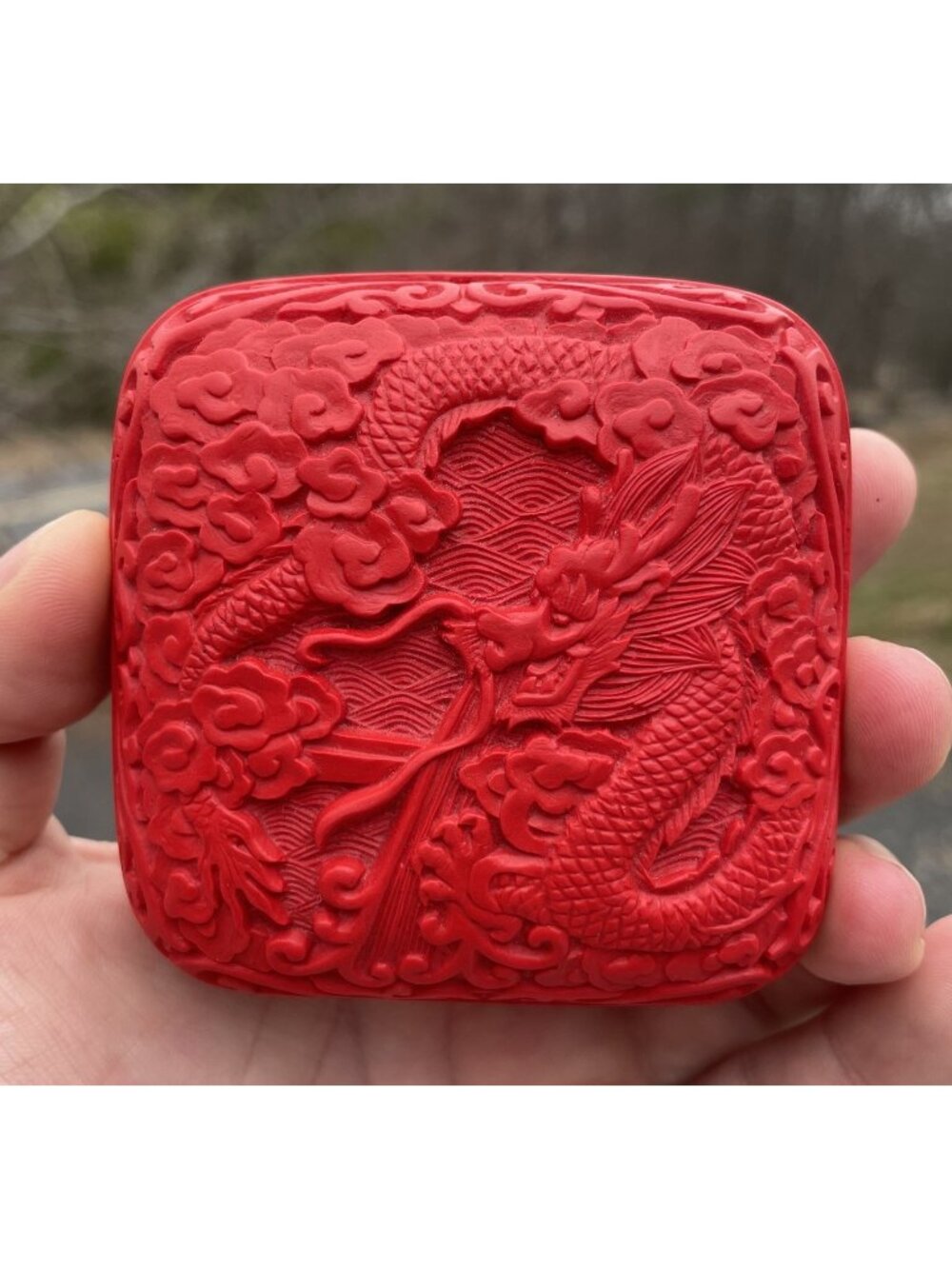 Vintage 20th C. Faux Cinnabar Chinese Jewelry Ring Trinket Box w/ Dragon